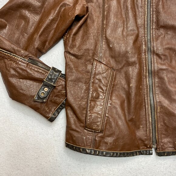 Vintage Energie Leather Jacket Mens M/L Brown Bomber Removable Fur Collar Coat - Picture 4 of 16